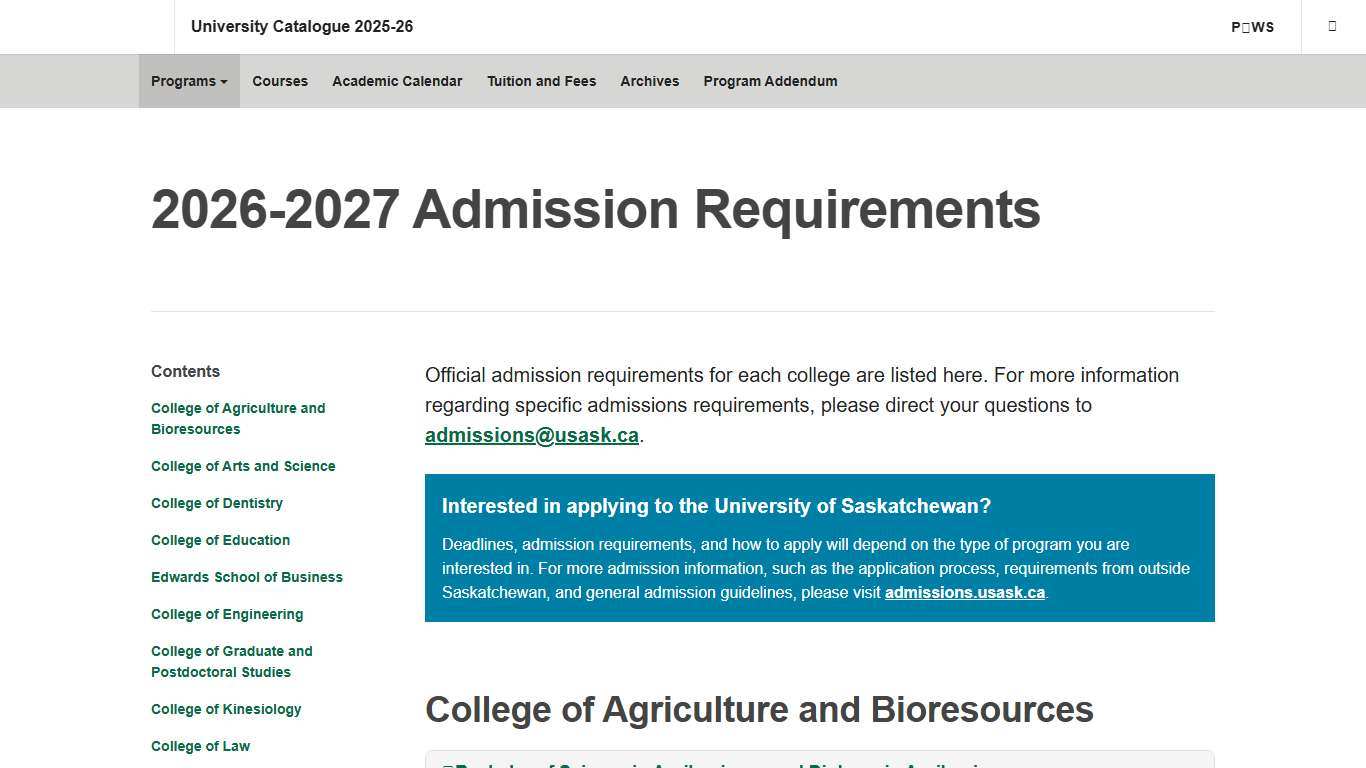 2026-2027 Admission Requirements - University Catalogue 2025-26 University of Saskatchewan